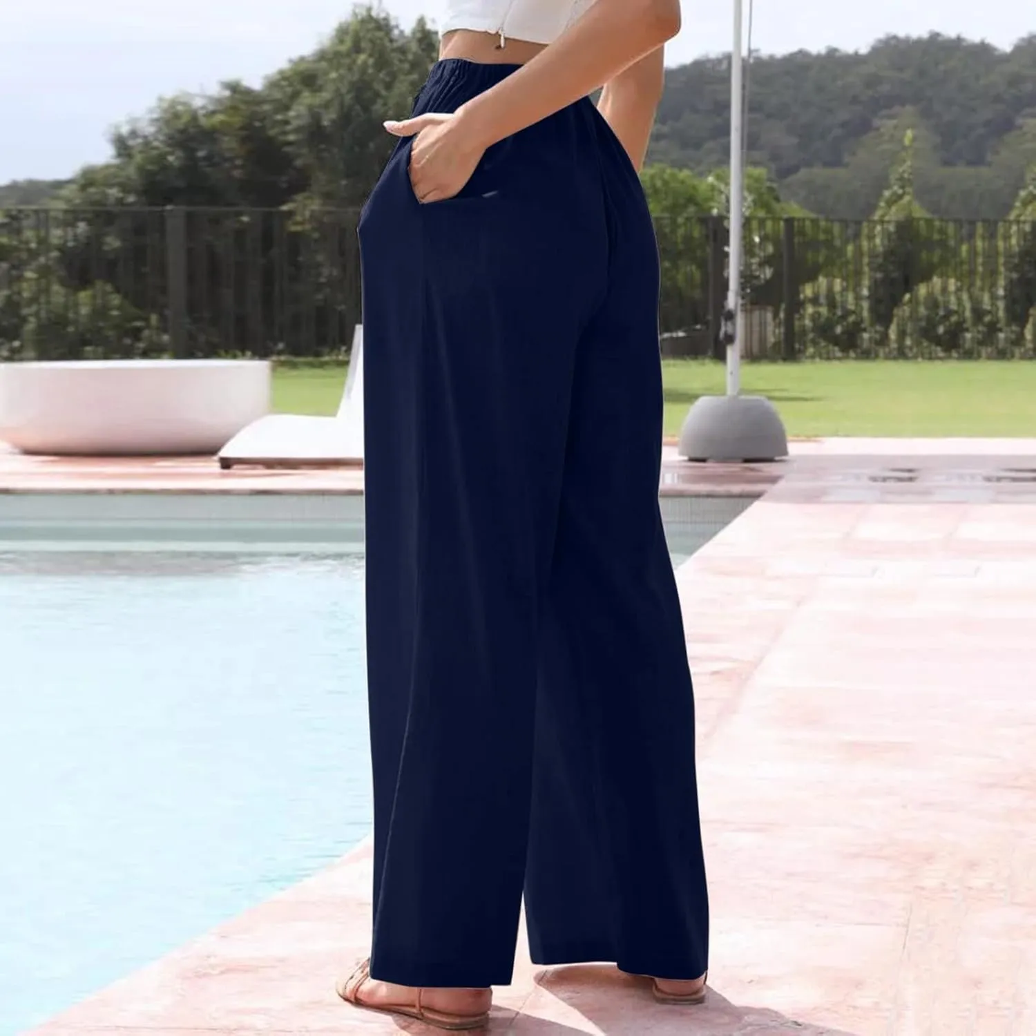 Women's Cotton Linen Summer Palazzo Pants Beach Flowy Wide Leg Trousers Drawstring Elastic Waist Slacks with Pockets