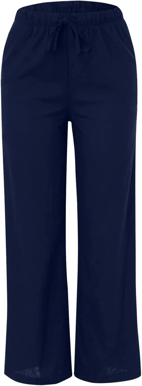 Women's Cotton Linen Summer Palazzo Pants Beach Flowy Wide Leg Trousers Drawstring Elastic Waist Slacks with Pockets