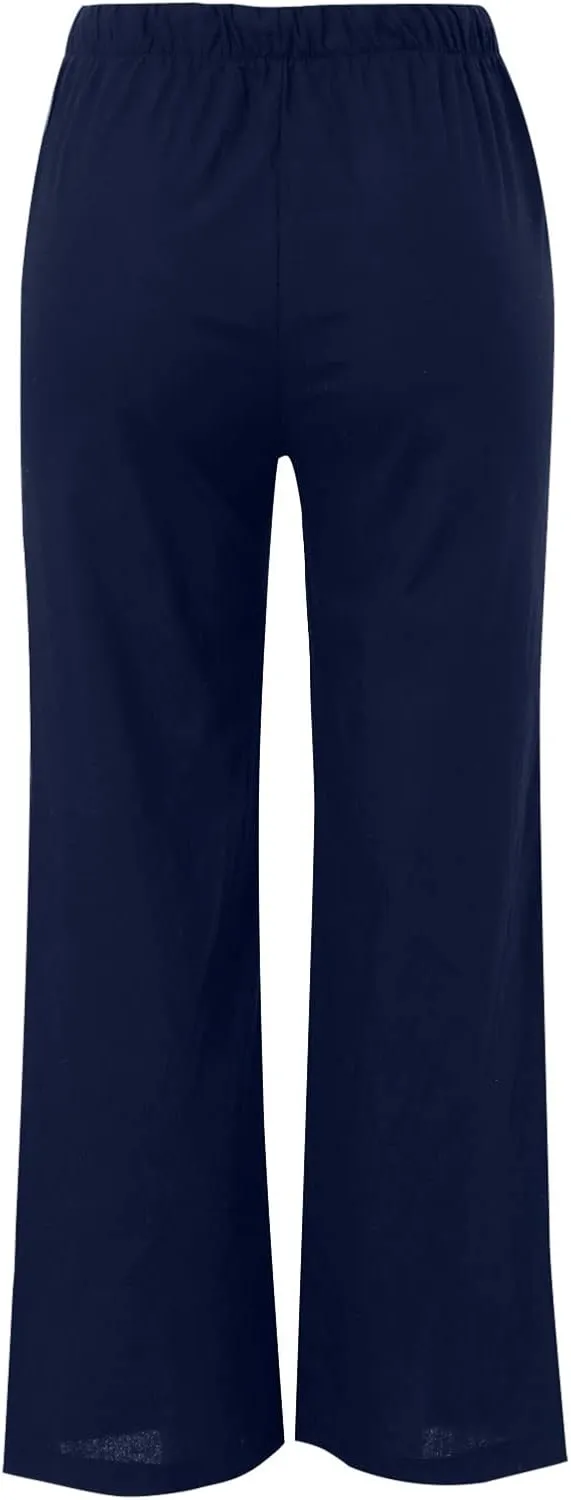 Women's Cotton Linen Summer Palazzo Pants Beach Flowy Wide Leg Trousers Drawstring Elastic Waist Slacks with Pockets