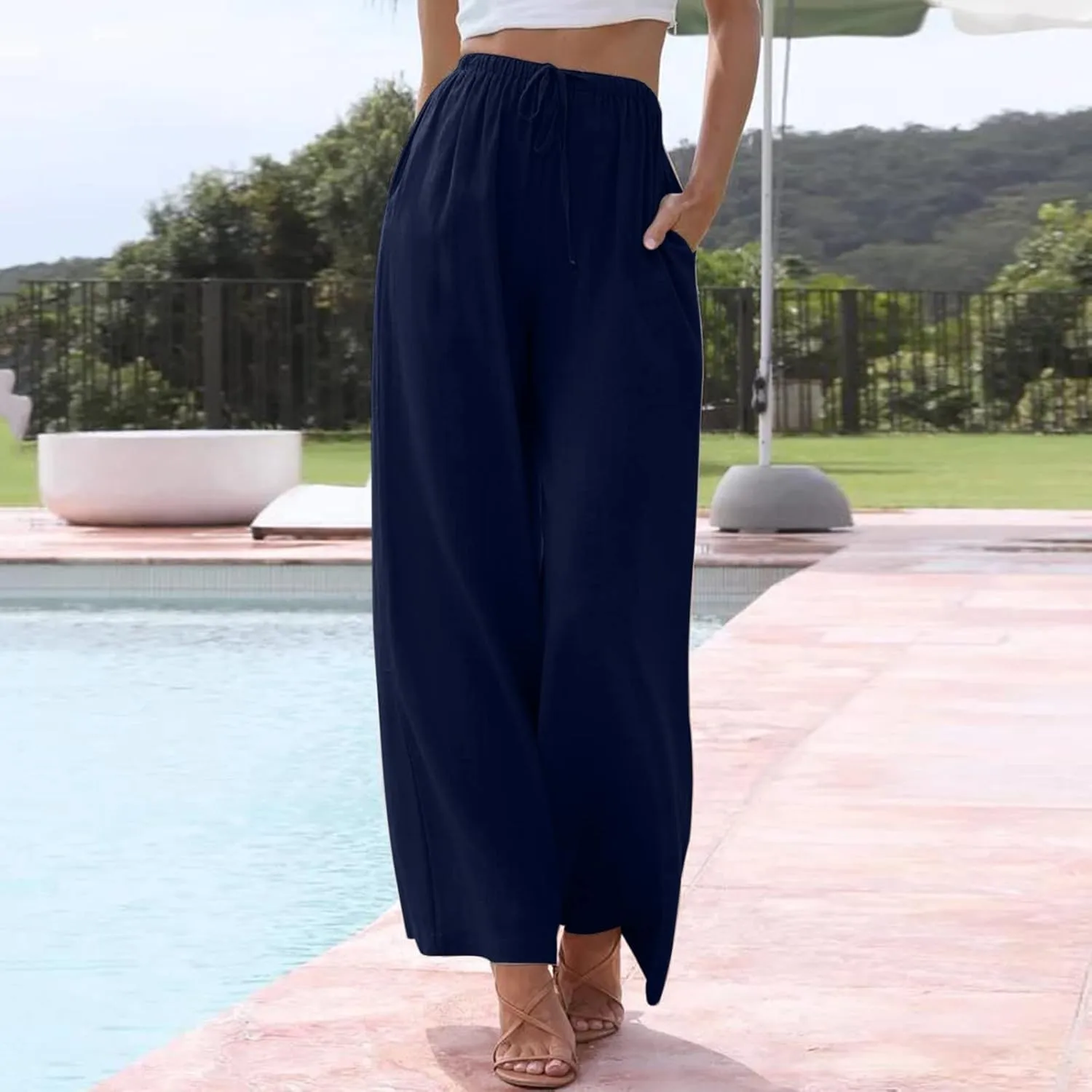Women's Cotton Linen Summer Palazzo Pants Beach Flowy Wide Leg Trousers Drawstring Elastic Waist Slacks with Pockets