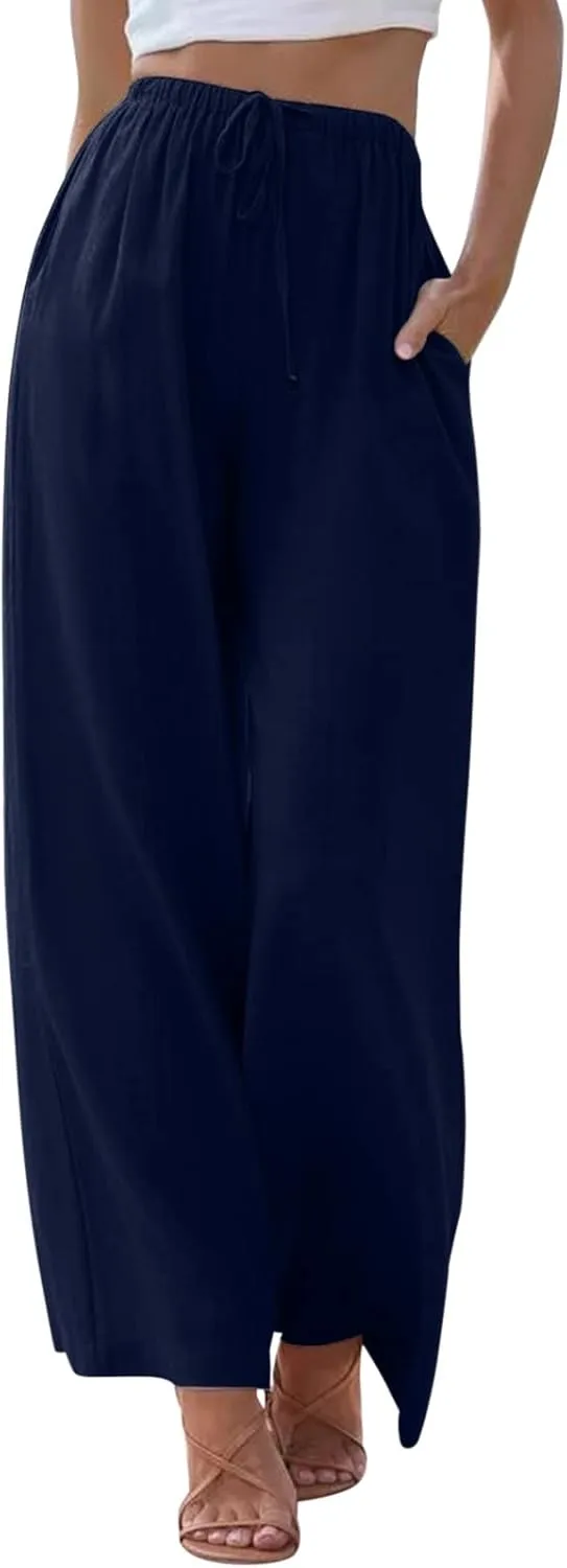Women's Cotton Linen Summer Palazzo Pants Beach Flowy Wide Leg Trousers Drawstring Elastic Waist Slacks with Pockets