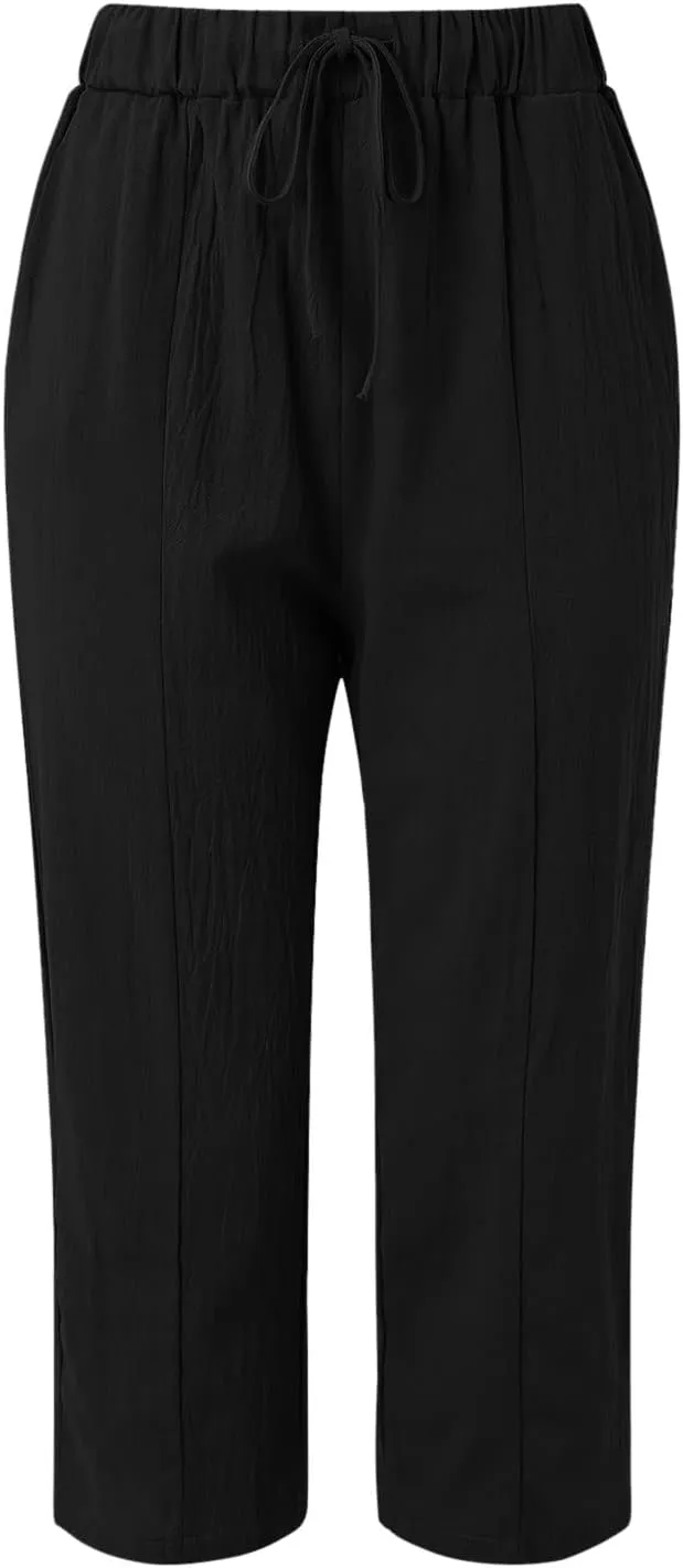 Womens Cotton Linen Summer Solid Palazzo Pants High Waist Lounge Pants Plus Size Pant Trousers Travel