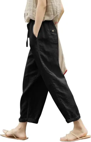 Womens Cotton Linen Summer Solid Palazzo Pants High Waist Lounge Pants Plus Size Pant Trousers Travel
