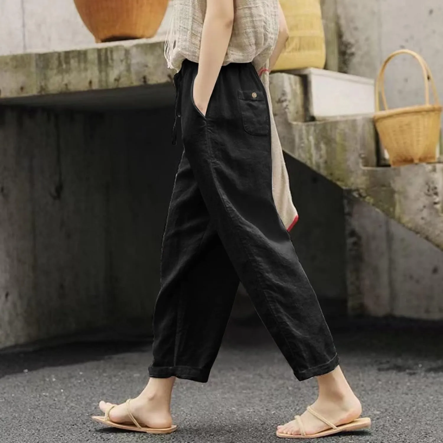 Womens Cotton Linen Summer Solid Palazzo Pants High Waist Lounge Pants Plus Size Pant Trousers Travel