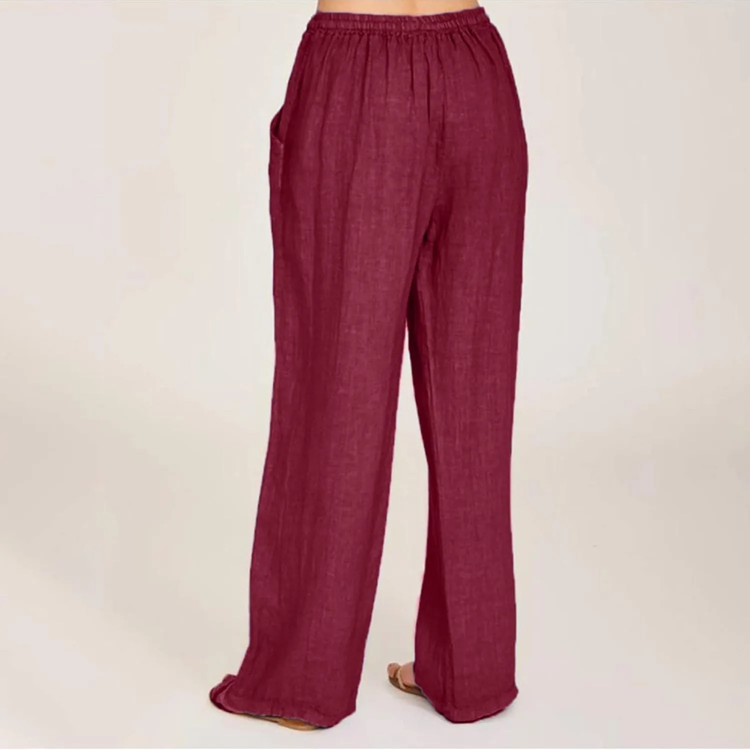 Women's Cotton Linen Summer Tie Knot Palazzo Pants Elastic Waist Stretchy Plus Size Trouser Beach