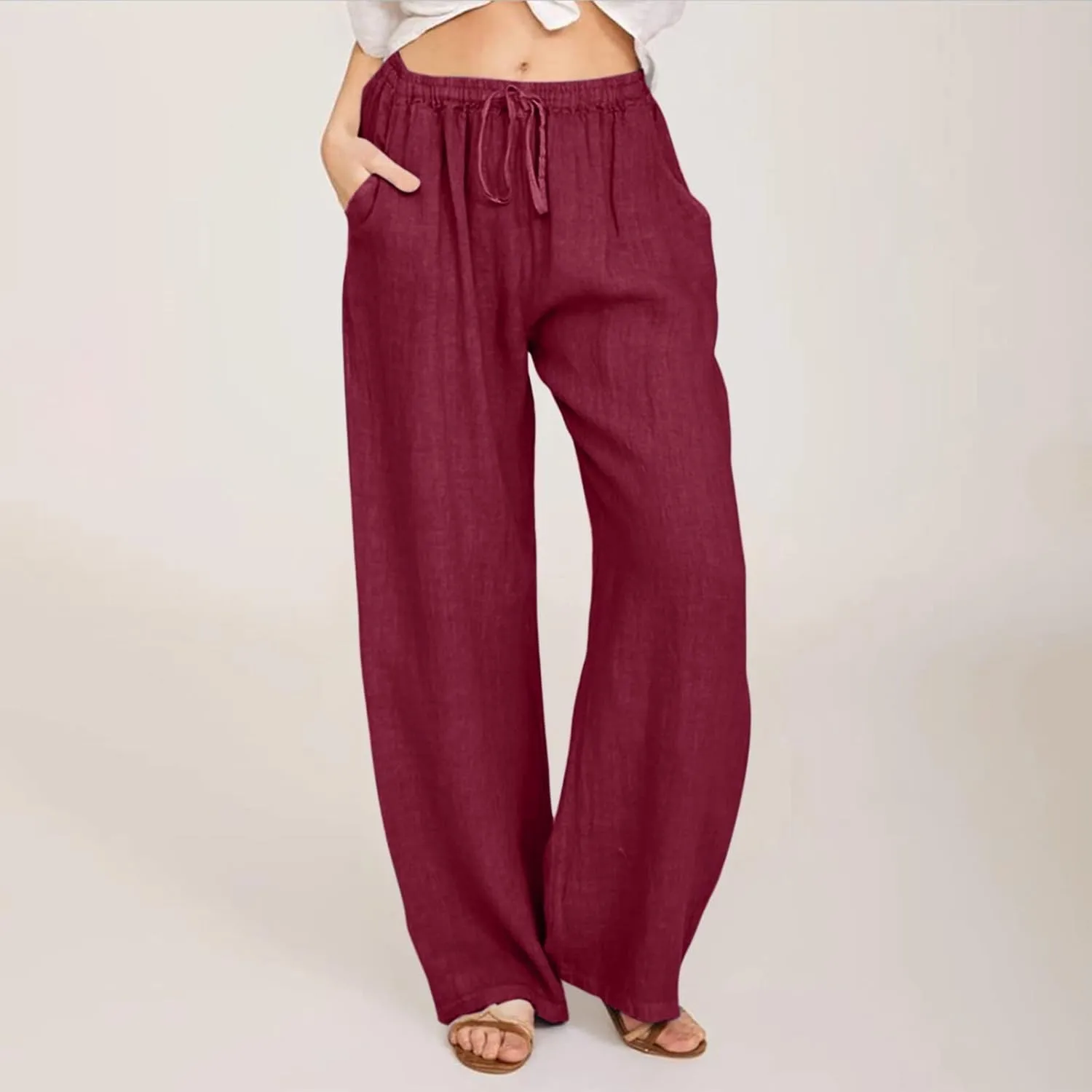 Women's Cotton Linen Summer Tie Knot Palazzo Pants Elastic Waist Stretchy Plus Size Trouser Beach