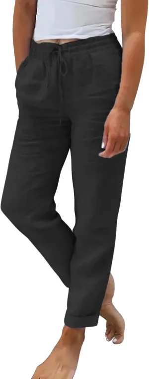 Women's Cotton Linen Summer Tie Knot Palazzo Pants Elastic Waist Stretchy Plus Size Trouser Beach