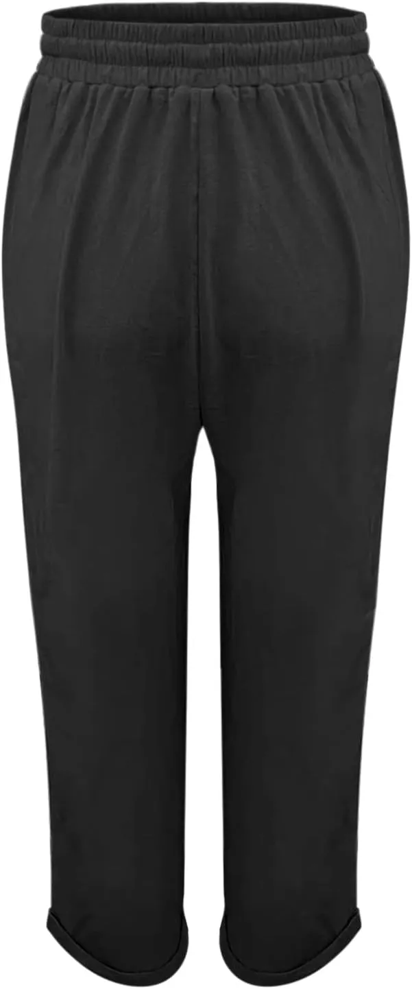 Women's Cotton Linen Summer Tie Knot Palazzo Pants Elastic Waist Stretchy Plus Size Trouser Beach