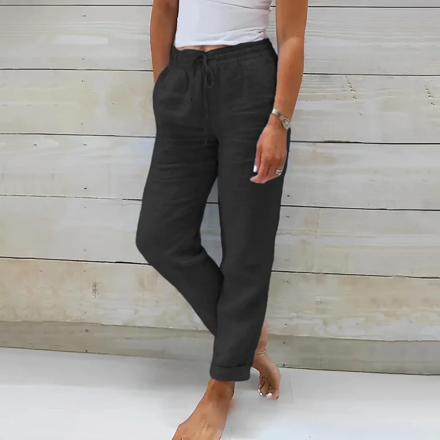 Women's Cotton Linen Summer Tie Knot Palazzo Pants Elastic Waist Stretchy Plus Size Trouser Beach