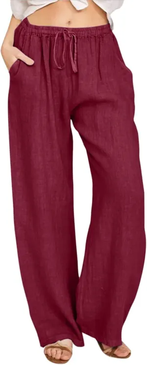 Women's Cotton Linen Summer Tie Knot Palazzo Pants Elastic Waist Stretchy Plus Size Trouser Beach