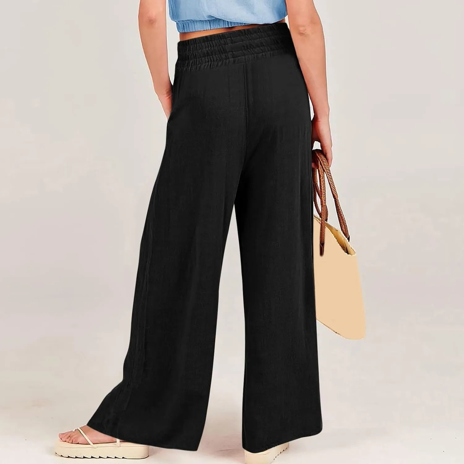 Womens Cotton Linen Summer Trendy Palazzo Pants High Waist Ankle Length Plus Size Palazzo Lounge Pants Vacation