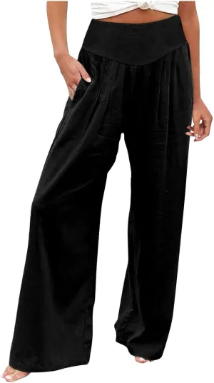 Womens Cotton Linen Summer Trendy Palazzo Pants High Waist Ankle Length Plus Size Palazzo Lounge Pants Vacation