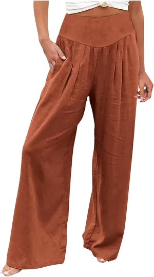 Womens Cotton Linen Summer Trendy Palazzo Pants High Waist Ankle Length Plus Size Palazzo Lounge Pants Vacation