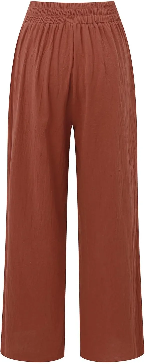 Womens Cotton Linen Summer Trendy Palazzo Pants High Waist Ankle Length Plus Size Palazzo Lounge Pants Vacation