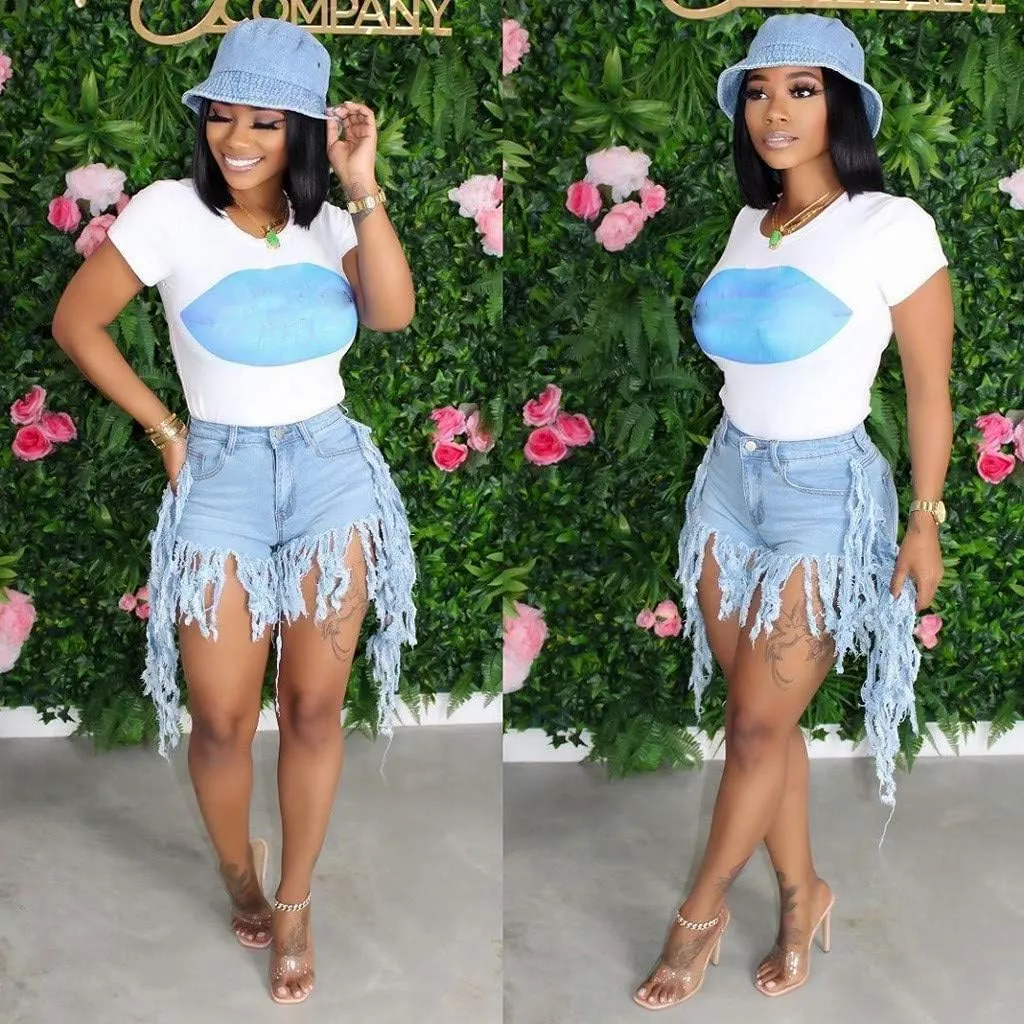 Women's Denim Shorts High Waisted Summer Trendy Stretchy Tassels Frayed Raw Hem Short Jeans Clubwear Sexy Hot Shorts
