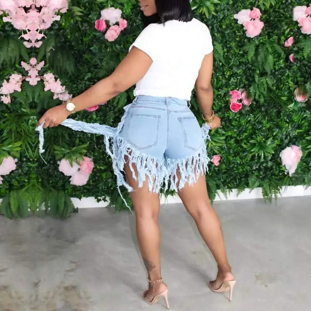 Women's Denim Shorts High Waisted Summer Trendy Stretchy Tassels Frayed Raw Hem Short Jeans Clubwear Sexy Hot Shorts