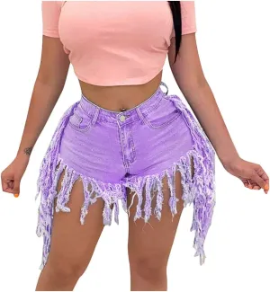 Women's Denim Shorts High Waisted Summer Trendy Stretchy Tassels Frayed Raw Hem Short Jeans Clubwear Sexy Hot Shorts