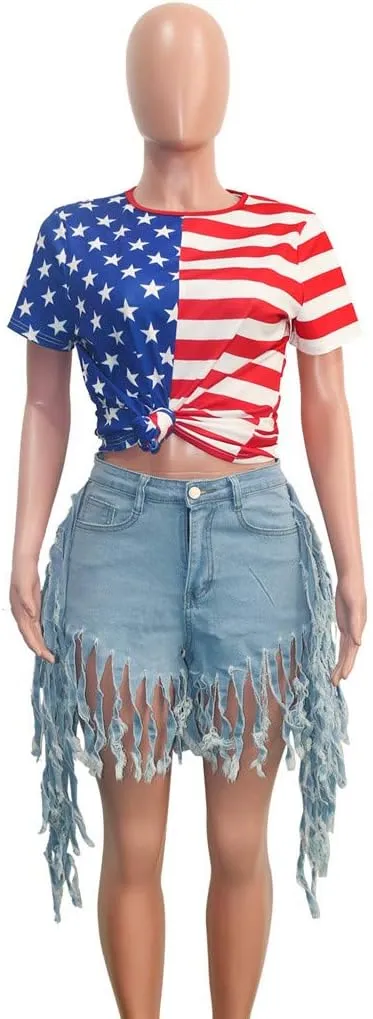 Women's Denim Shorts High Waisted Summer Trendy Stretchy Tassels Frayed Raw Hem Short Jeans Clubwear Sexy Hot Shorts