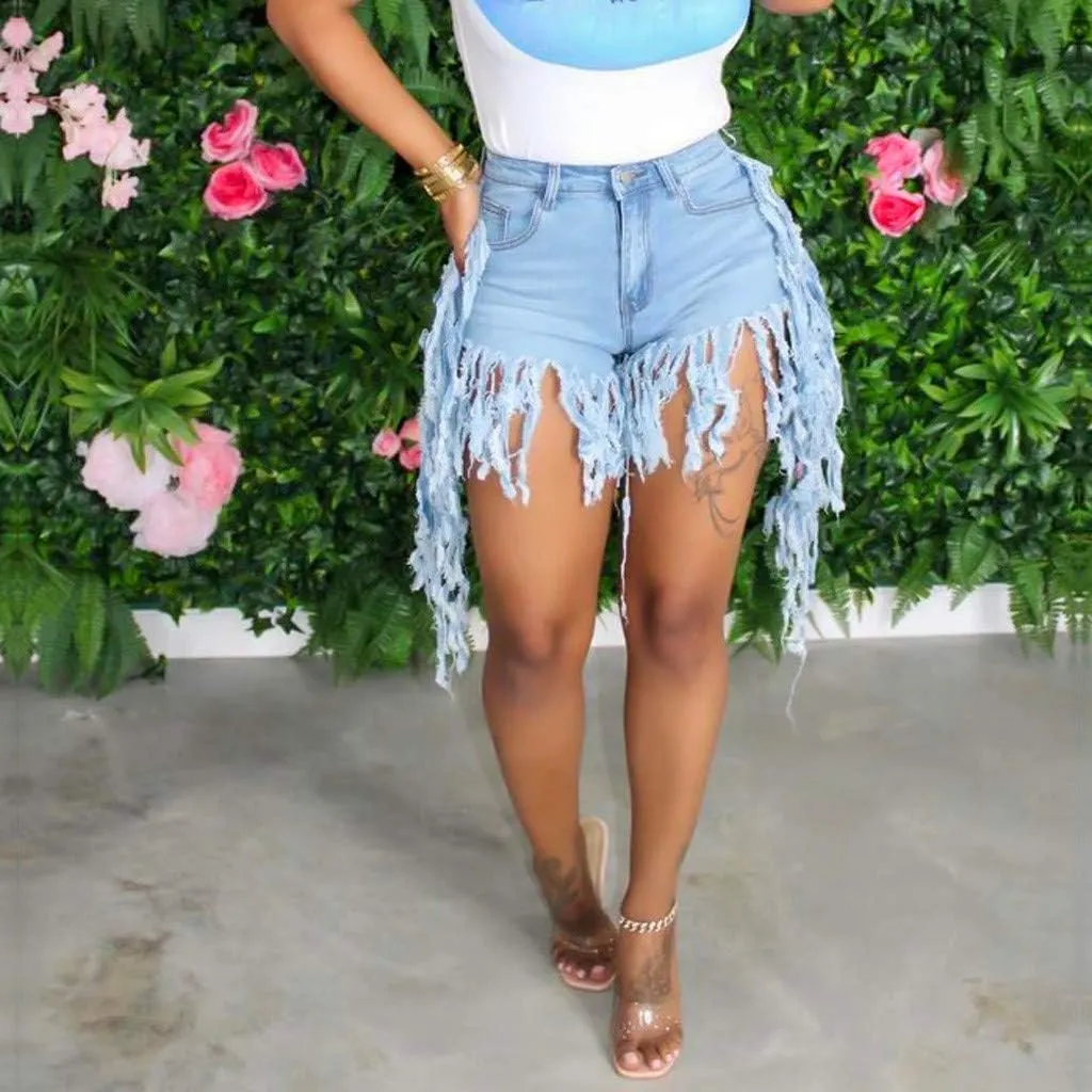 Women's Denim Shorts High Waisted Summer Trendy Stretchy Tassels Frayed Raw Hem Short Jeans Clubwear Sexy Hot Shorts