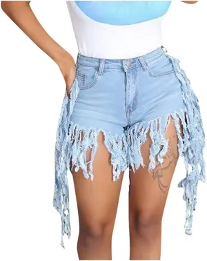 Women's Denim Shorts High Waisted Summer Trendy Stretchy Tassels Frayed Raw Hem Short Jeans Clubwear Sexy Hot Shorts