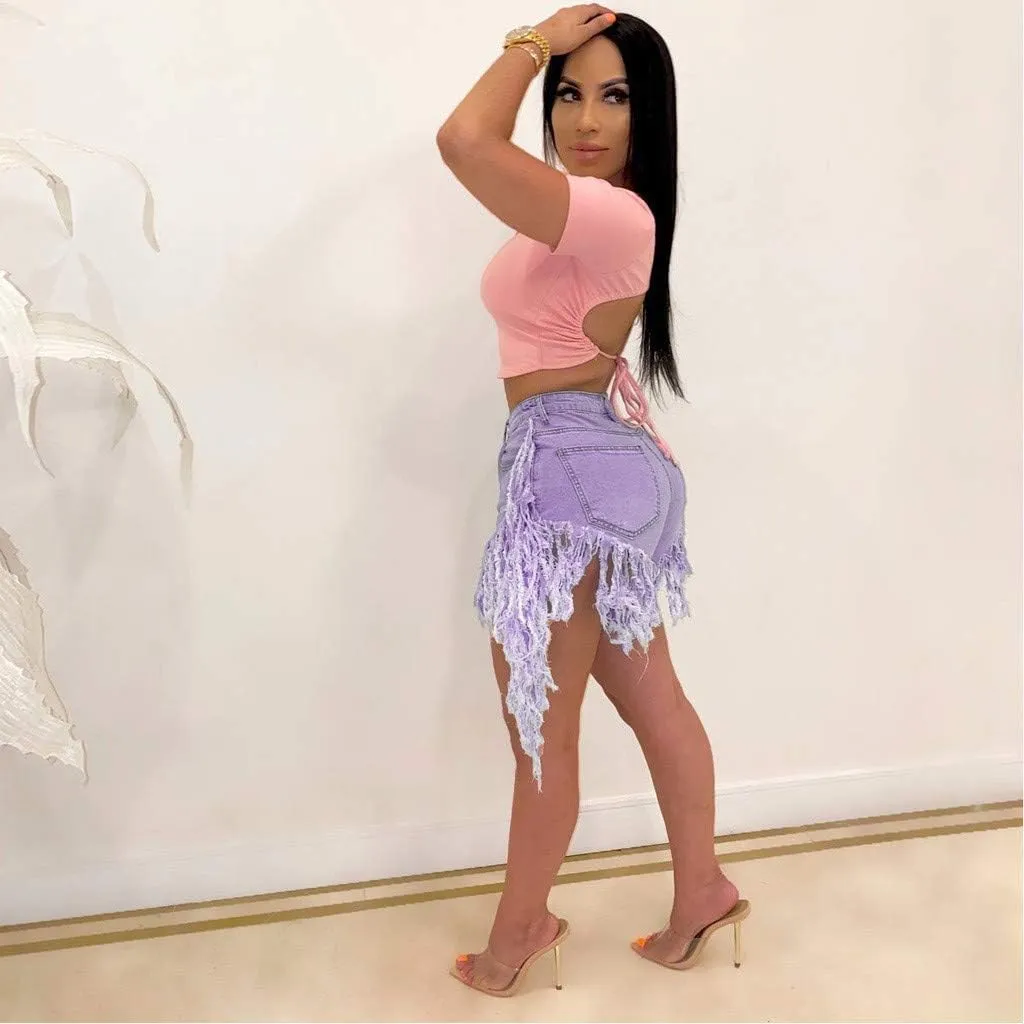 Women's Denim Shorts High Waisted Summer Trendy Stretchy Tassels Frayed Raw Hem Short Jeans Clubwear Sexy Hot Shorts