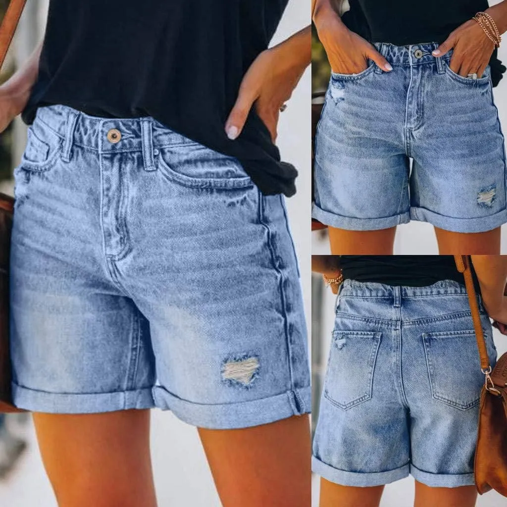 Women's Denim Shorts Stretchy High Waisted Comfy Ripped Short Jean Pants Solid Color Fashion Summer Slim Fit Hot Short