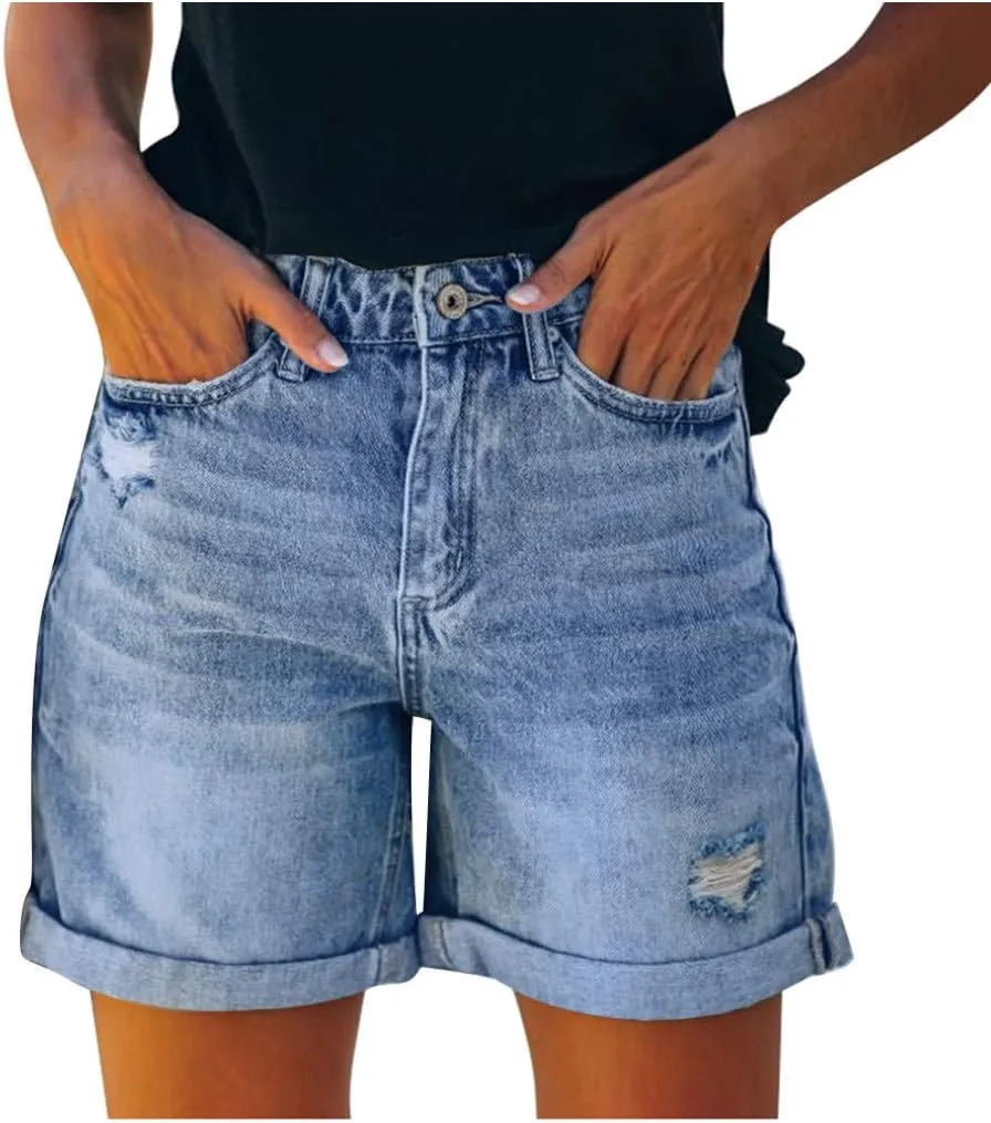 Women's Denim Shorts Stretchy High Waisted Comfy Ripped Short Jean Pants Solid Color Fashion Summer Slim Fit Hot Short