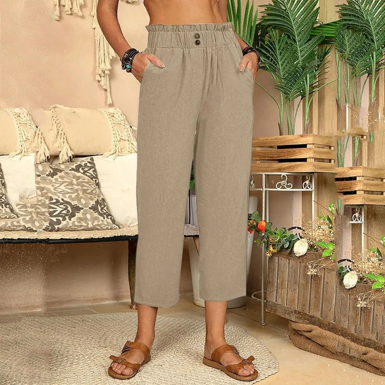 Womens Linen Blend Summer Boho Palazzo Lounge Pants Elastic Waist Baggy Stretchy Slim Fit Pants Travel
