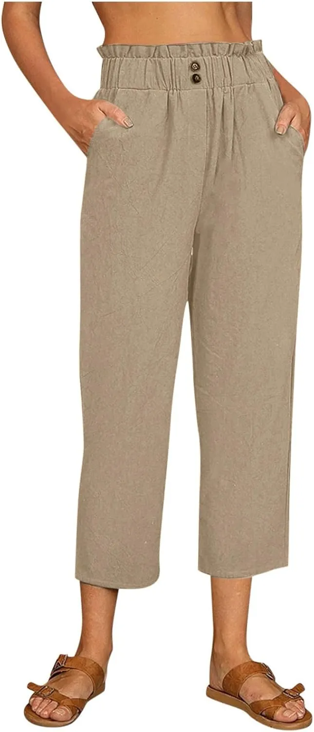 Womens Linen Blend Summer Boho Palazzo Lounge Pants Elastic Waist Baggy Stretchy Slim Fit Pants Travel