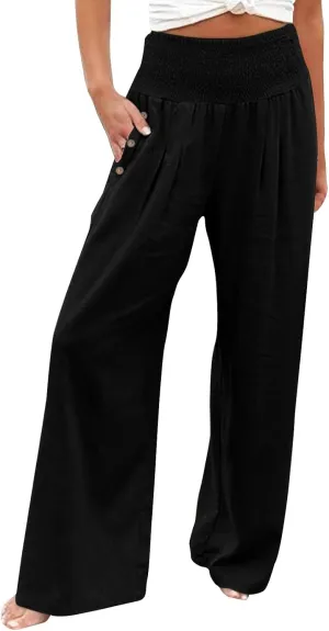 Women's Linen Blend Summer Fashion Palazzo Pants High Waist Wide Leg Plus Size Pant Trousers Beach