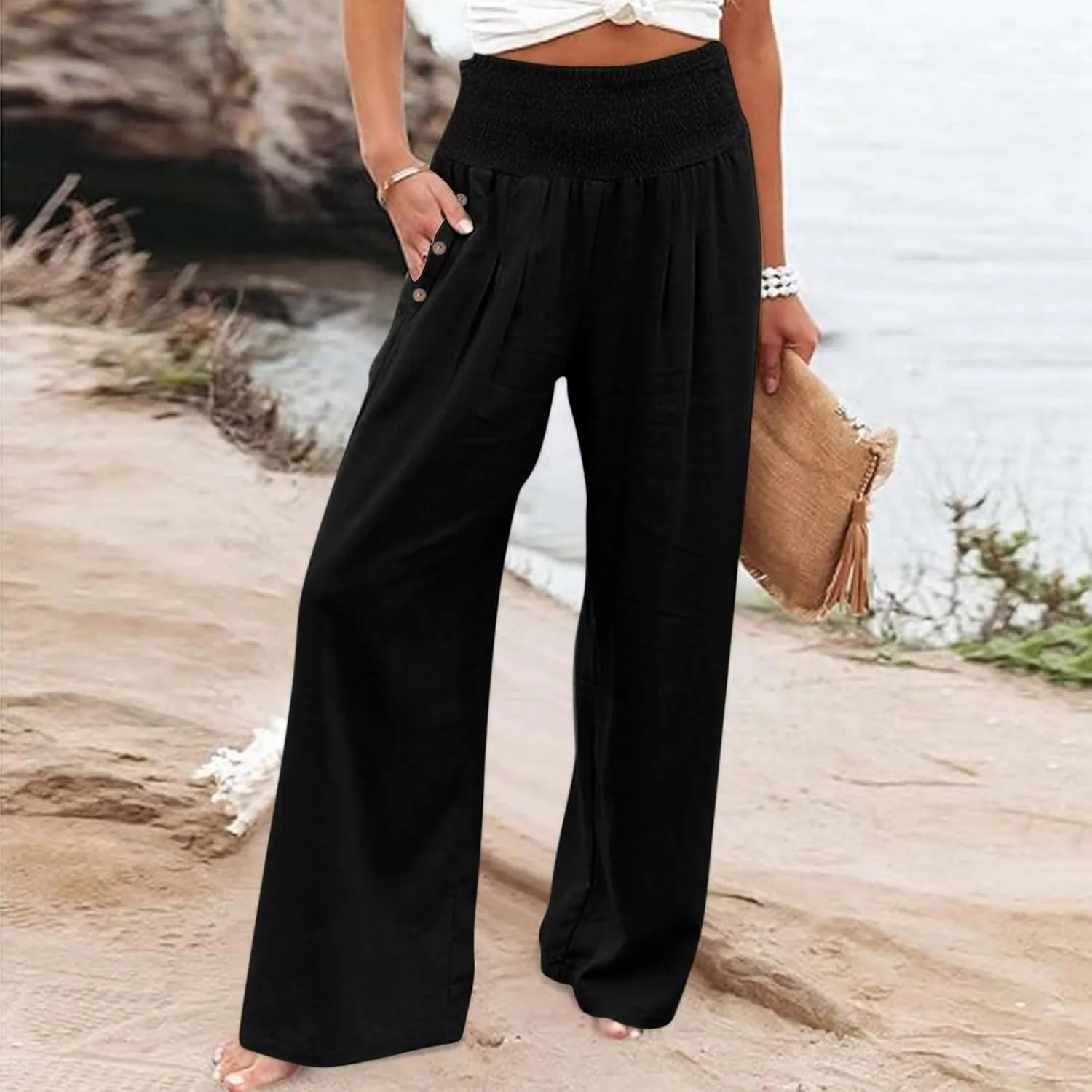 Women's Linen Blend Summer Fashion Palazzo Pants High Waist Wide Leg Plus Size Pant Trousers Beach