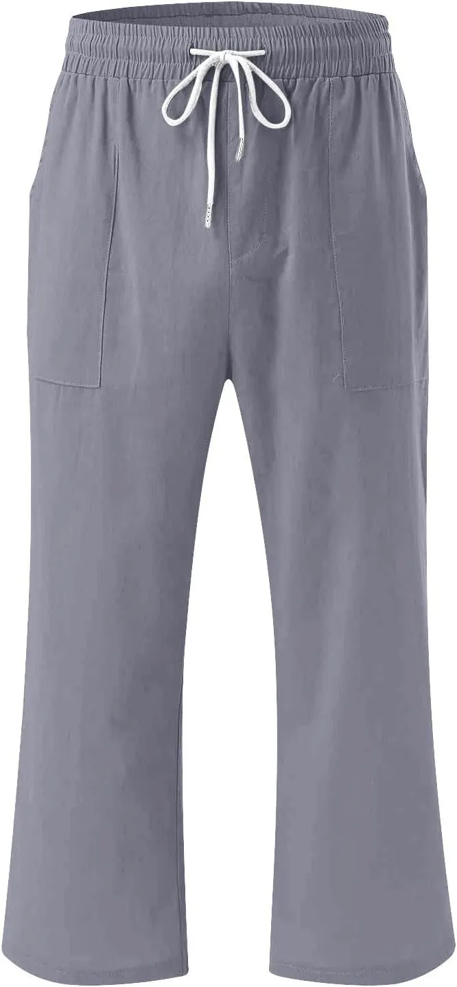 Womens Linen Blend Summer Print Palazzo Pants Low Waist Wide Leg Slim-Fit Trousers Vacation