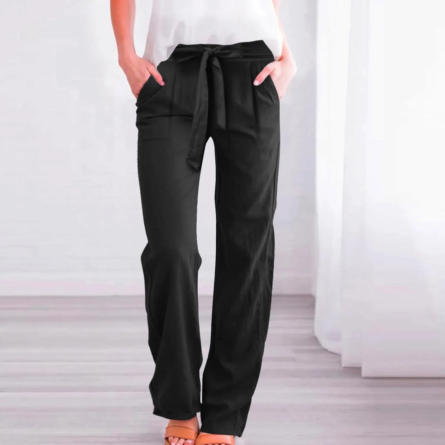 Womens Linen Blend Summer Print Palazzo Pants Low Waist Wide Leg Slim-Fit Trousers Vacation