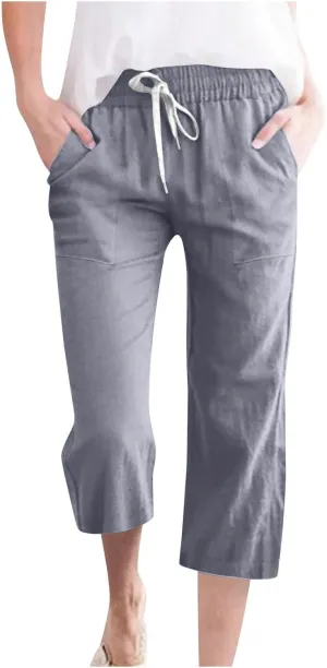 Womens Linen Blend Summer Print Palazzo Pants Low Waist Wide Leg Slim-Fit Trousers Vacation