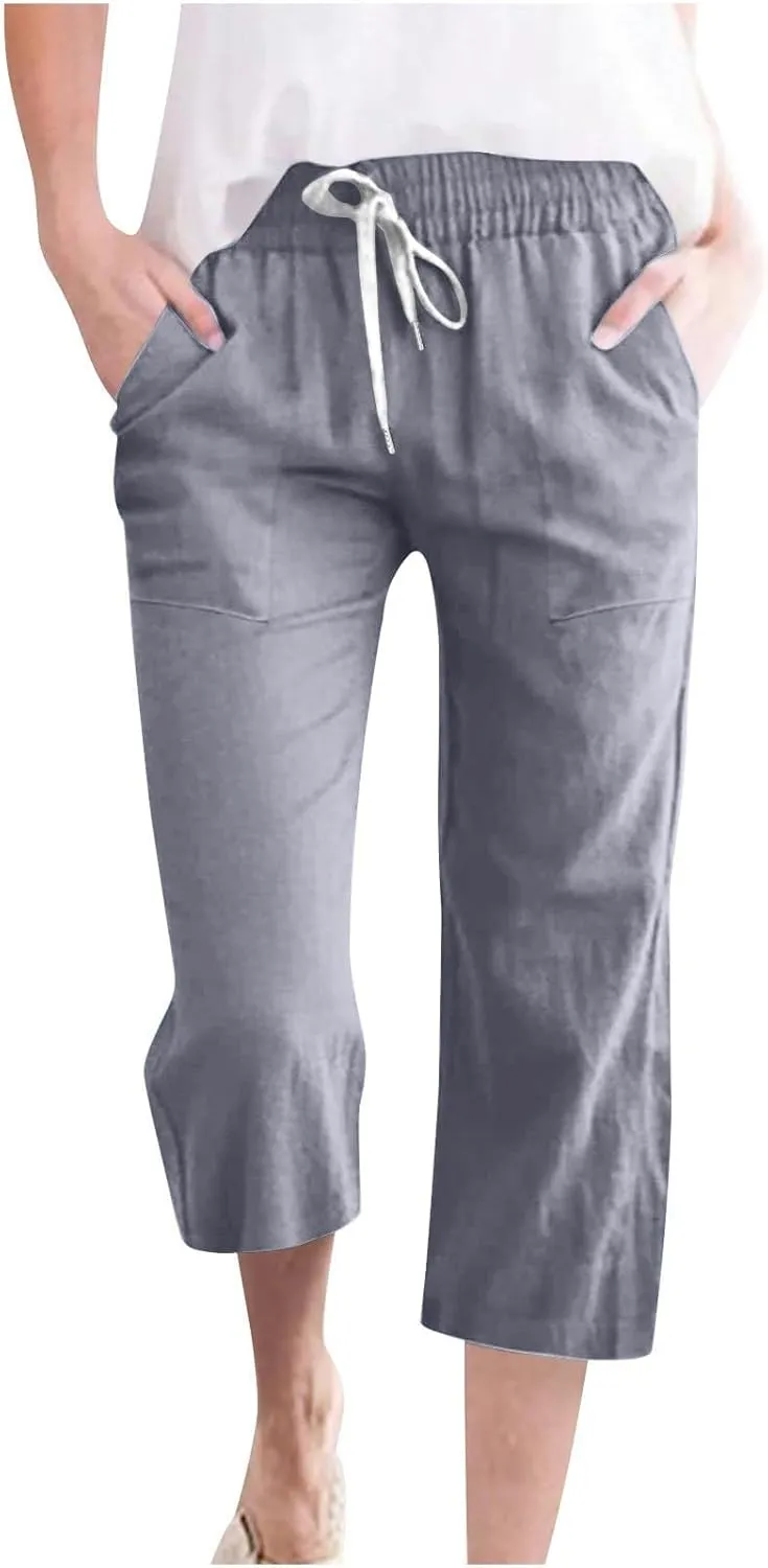 Womens Linen Blend Summer Print Palazzo Pants Low Waist Wide Leg Slim-Fit Trousers Vacation