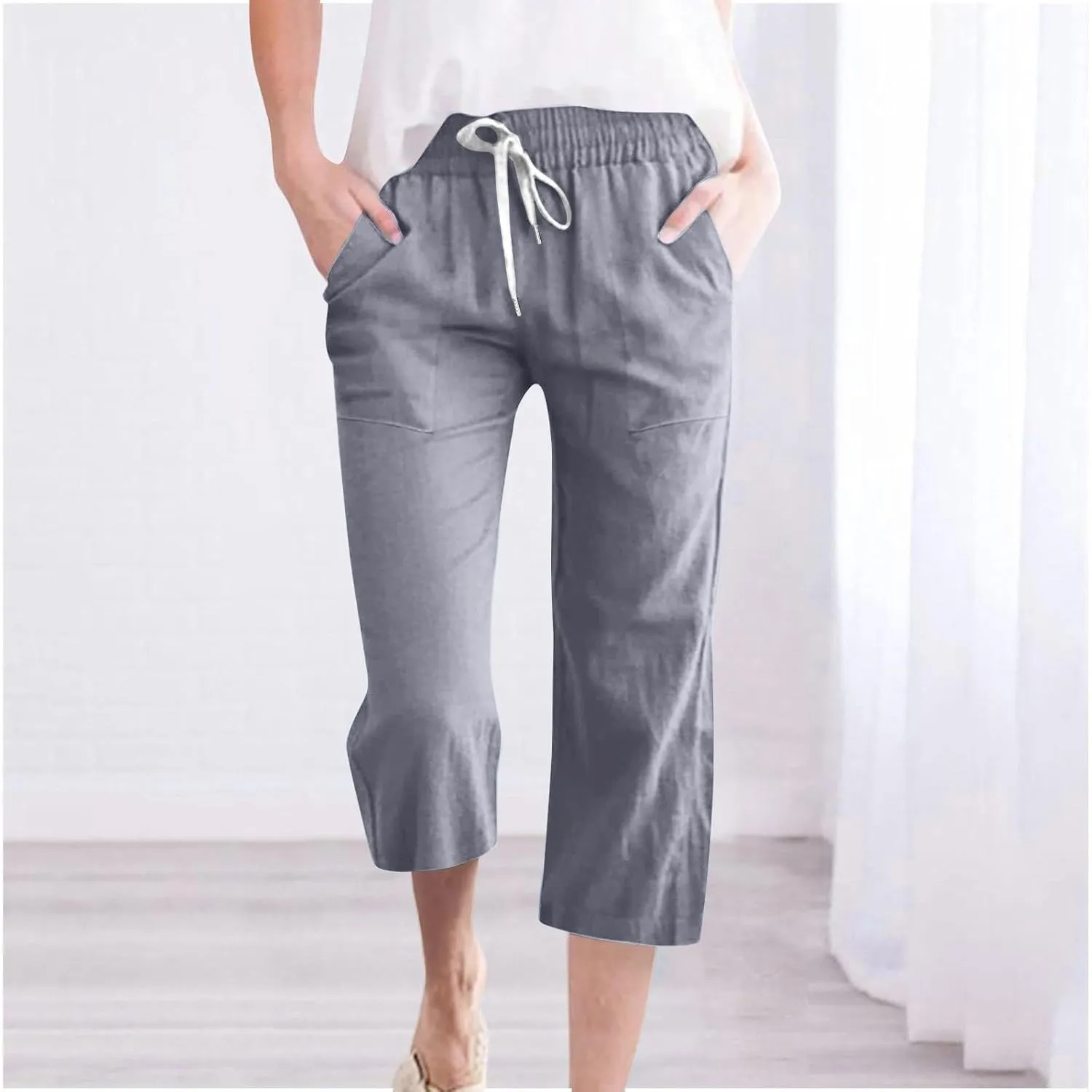 Womens Linen Blend Summer Print Palazzo Pants Low Waist Wide Leg Slim-Fit Trousers Vacation