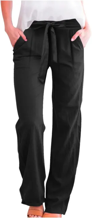 Womens Linen Blend Summer Print Palazzo Pants Low Waist Wide Leg Slim-Fit Trousers Vacation
