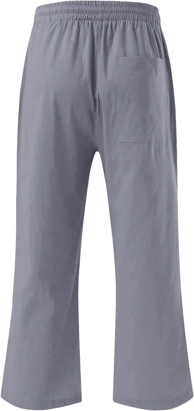 Womens Linen Blend Summer Print Palazzo Pants Low Waist Wide Leg Slim-Fit Trousers Vacation