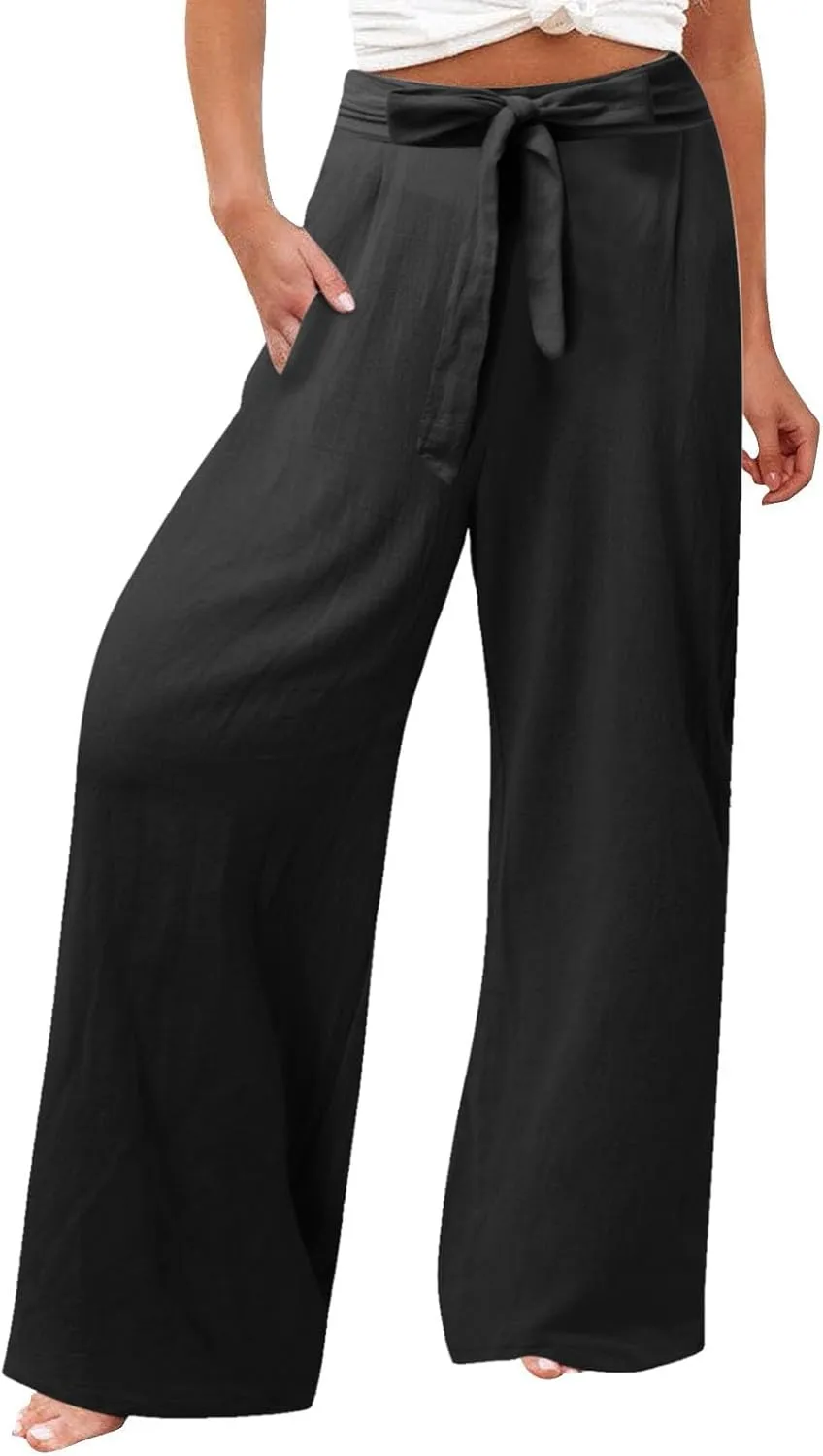 Womens Linen Blend Summer Print Palazzo Pants Low Waist Wide Leg Slim-Fit Trousers Vacation