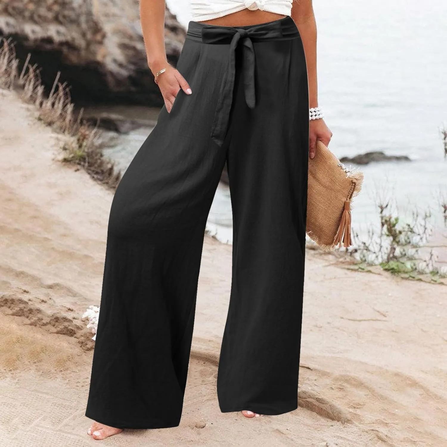 Womens Linen Blend Summer Print Palazzo Pants Low Waist Wide Leg Slim-Fit Trousers Vacation