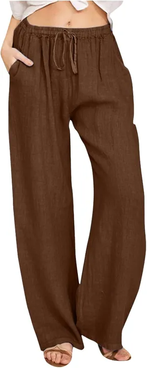 Women's Linen Blend Summer Print Pant Trousers Elastic Waist Wide Leg Slim-Fit Palazzo Lounge Pants Travel