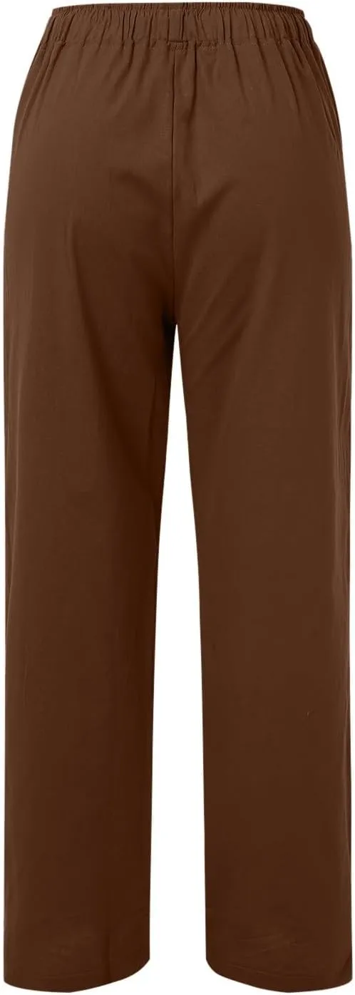 Women's Linen Blend Summer Print Pant Trousers Elastic Waist Wide Leg Slim-Fit Palazzo Lounge Pants Travel