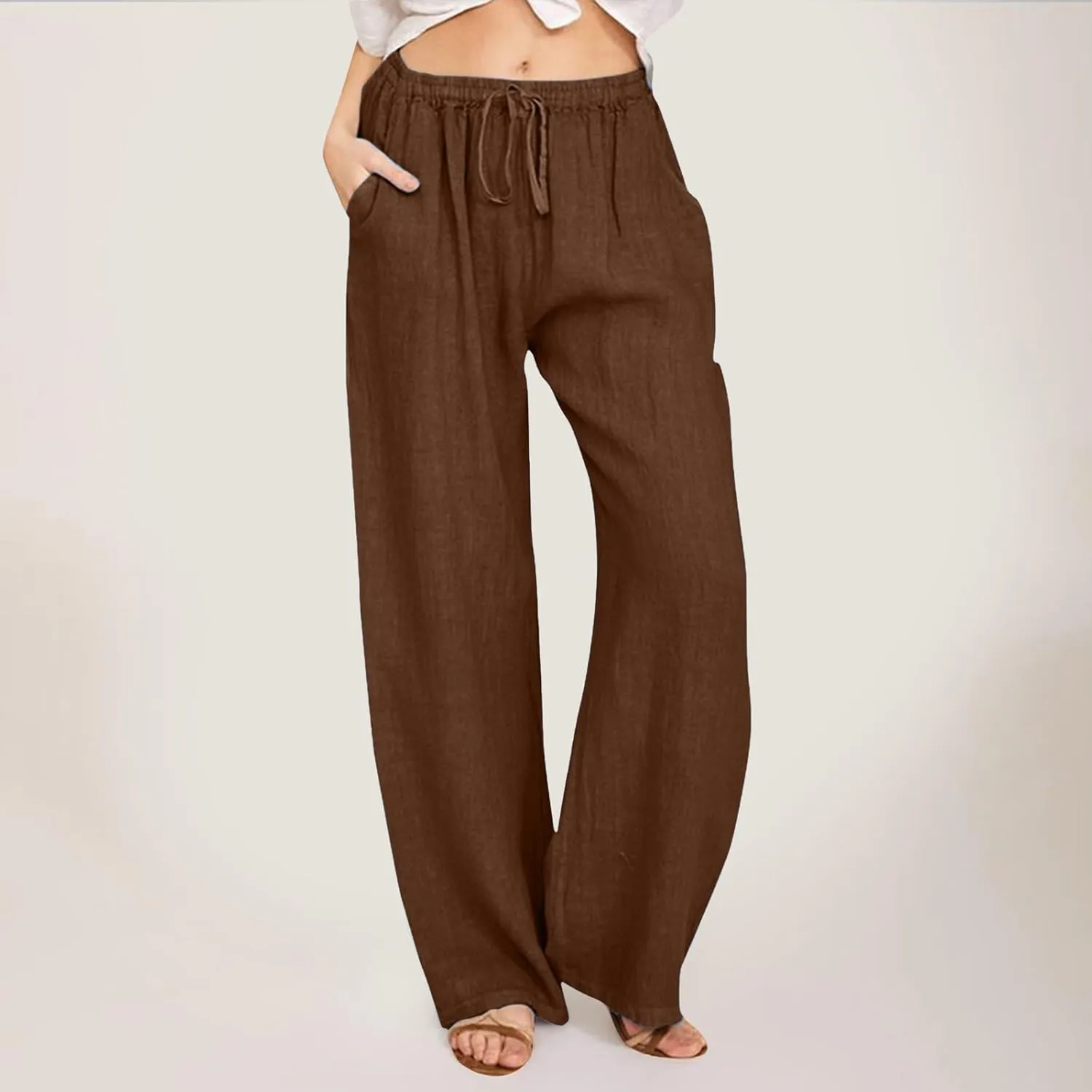 Women's Linen Blend Summer Print Pant Trousers Elastic Waist Wide Leg Slim-Fit Palazzo Lounge Pants Travel