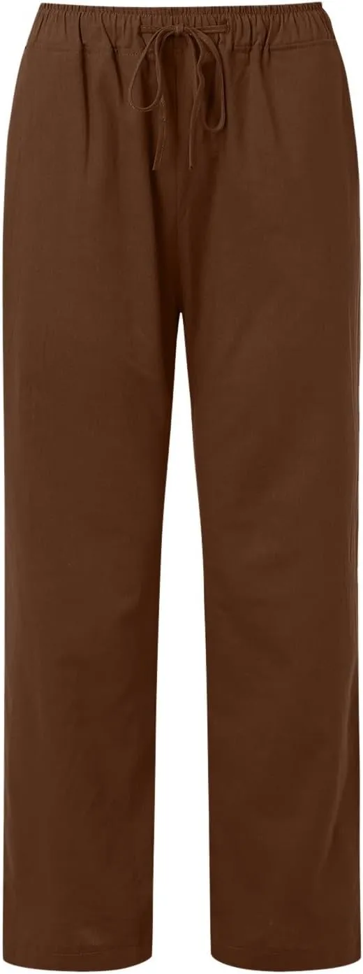 Women's Linen Blend Summer Print Pant Trousers Elastic Waist Wide Leg Slim-Fit Palazzo Lounge Pants Travel