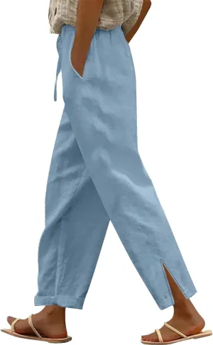 Women's Linen Cotton Pants Summer High Waisted Straight Casual Flowy Wide Leg Drawstring Trousers with Pockets
