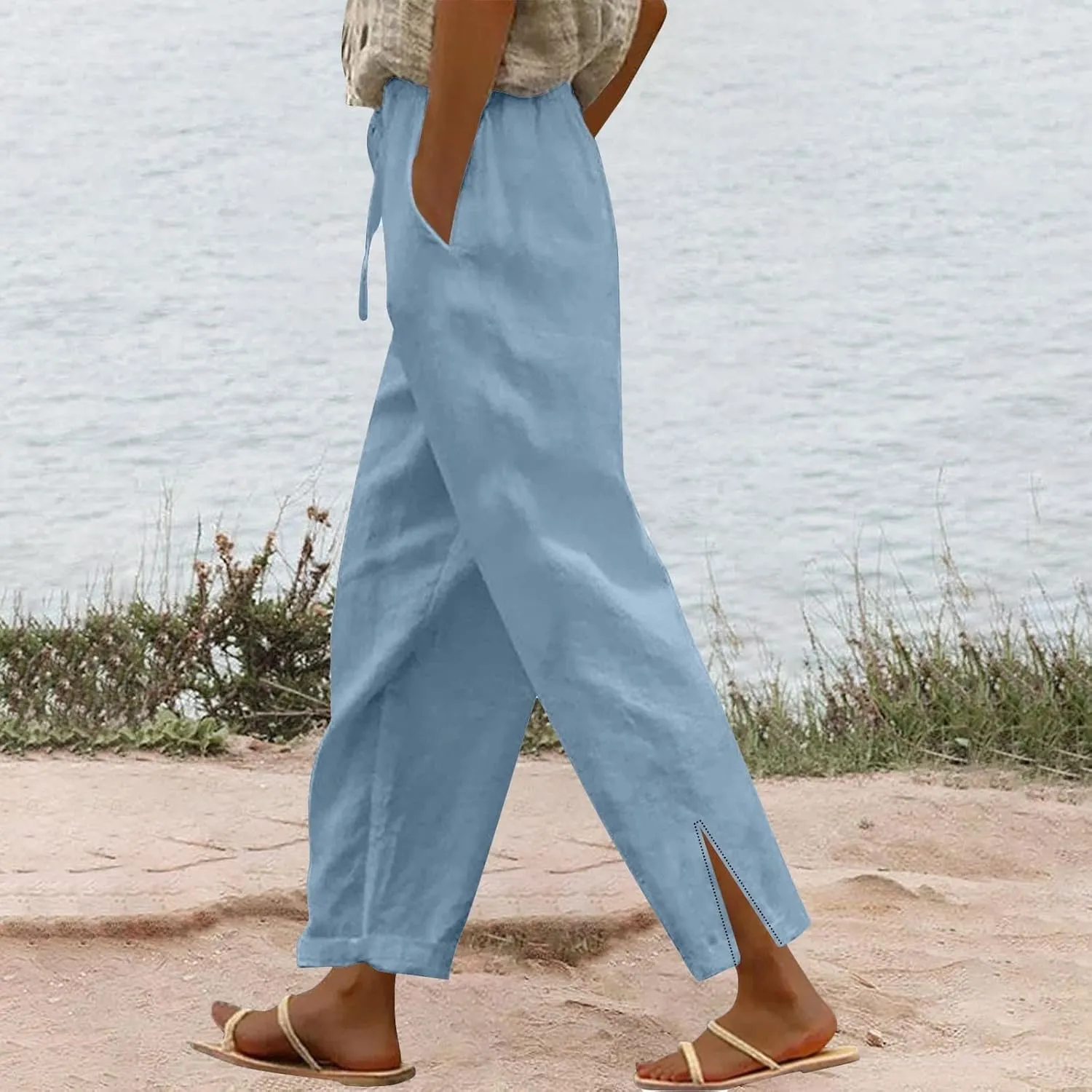 Women's Linen Cotton Pants Summer High Waisted Straight Casual Flowy Wide Leg Drawstring Trousers with Pockets