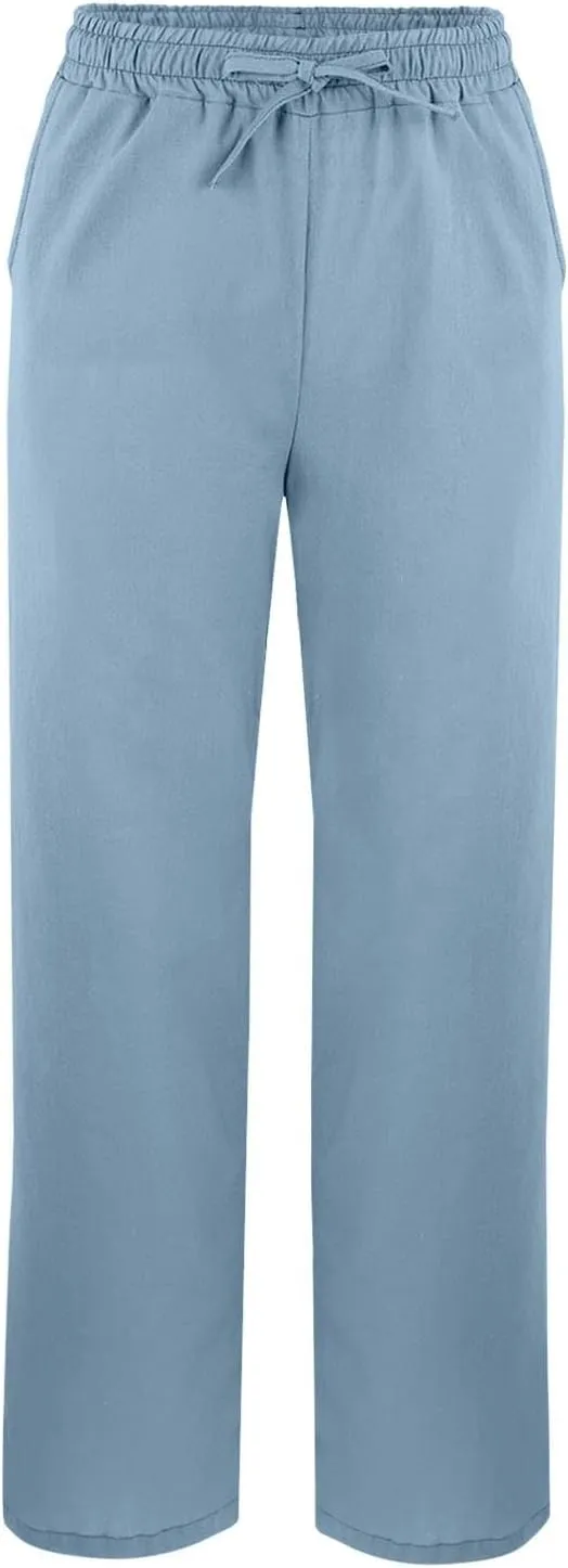 Women's Linen Cotton Pants Summer High Waisted Straight Casual Flowy Wide Leg Drawstring Trousers with Pockets
