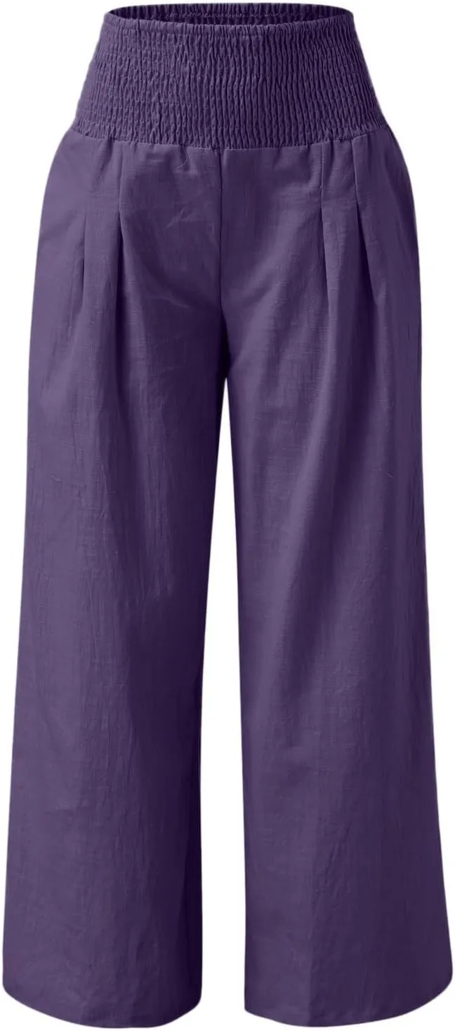 Womens Linen Palazzo Pants Casual Summer Wide Leg High Waist Lounge Slacks Boho Beach Flowy Travel Vacation Trousers