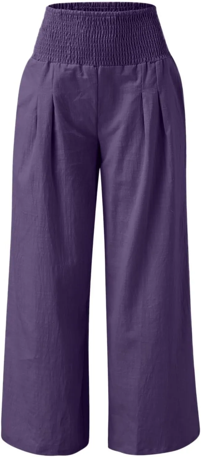 Womens Linen Palazzo Pants Casual Summer Wide Leg High Waist Lounge Slacks Boho Beach Flowy Travel Vacation Trousers