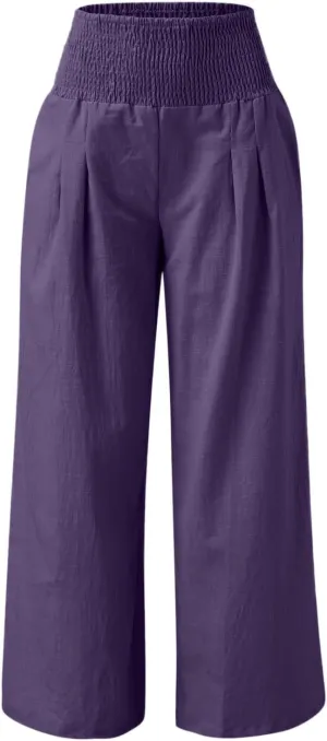 Womens Linen Palazzo Pants Casual Summer Wide Leg High Waist Lounge Slacks Boho Beach Flowy Travel Vacation Trousers